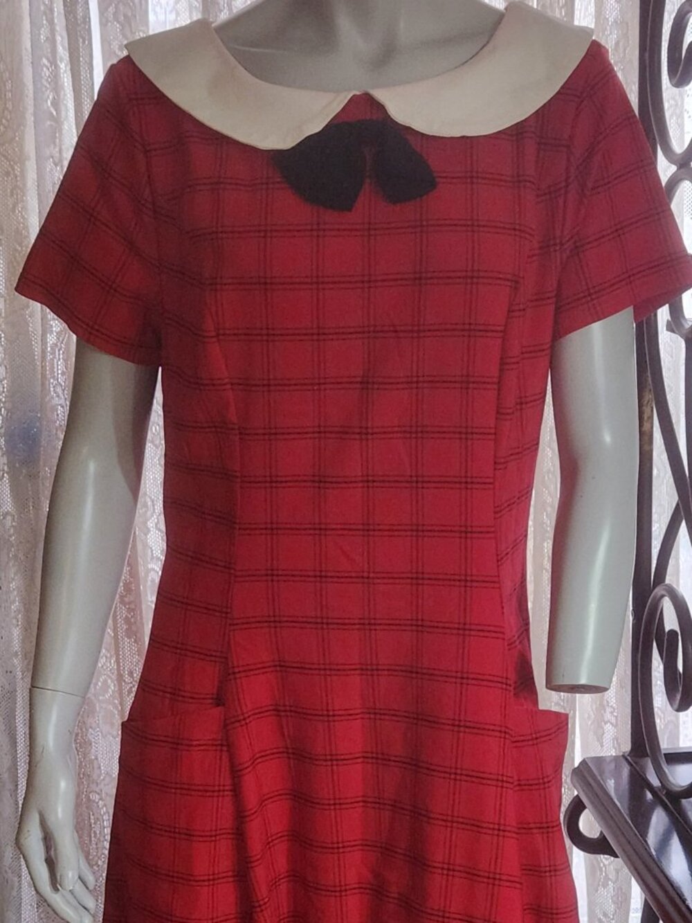 Vintage Style Red Black Plaid Fit and Flare Dress Size L 10-12